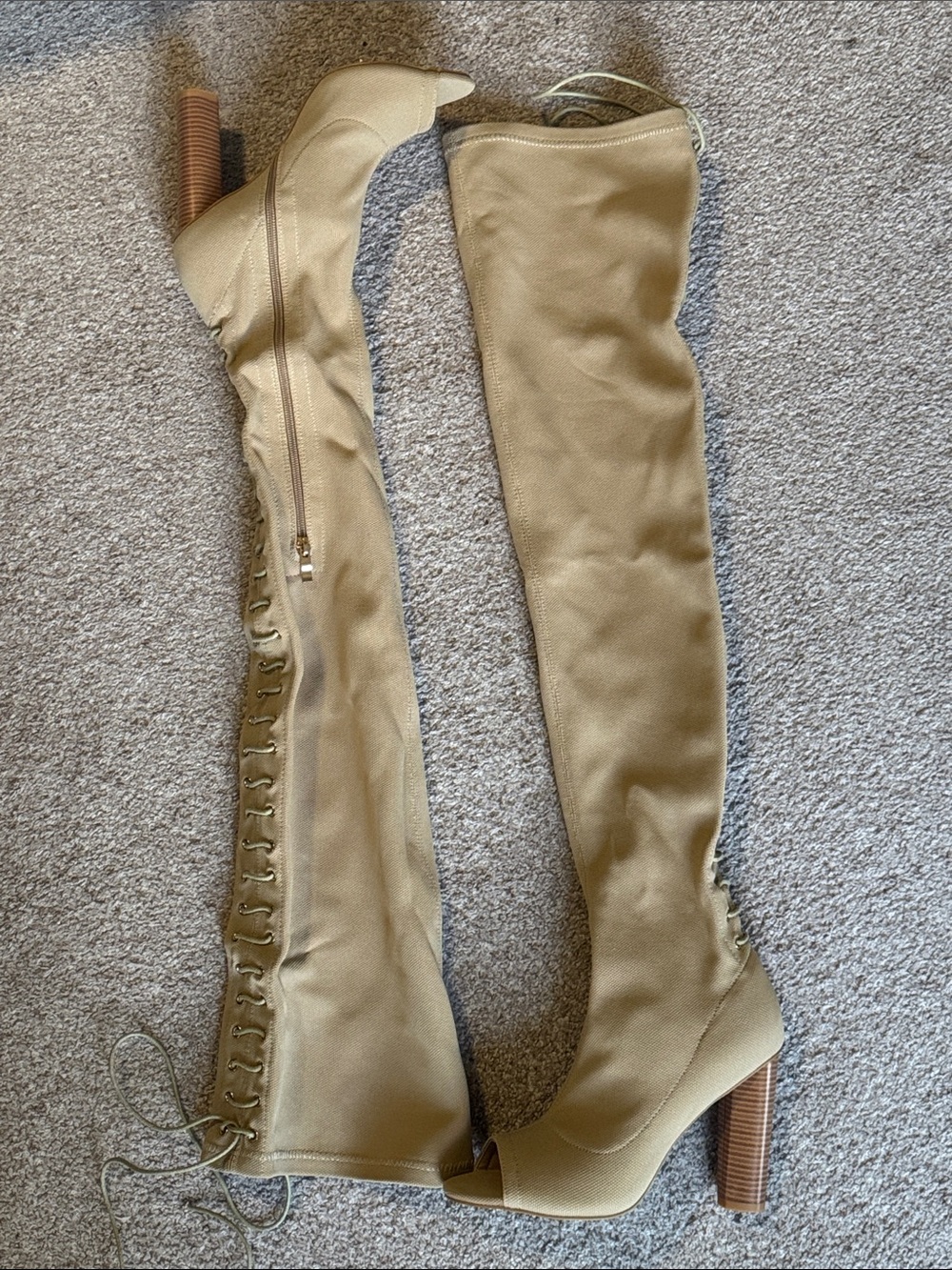 Women's Over-the-Knee Peep-Toe Lace-Up Boots in Tan